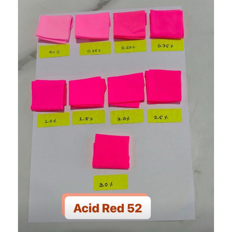 Wide range of Acid Red 52 - (Rhodamine)  1. Acid Red 52 - Salt Free, 2. Acid Red 52 Cosmetic grade, 3. Acid Red 52 For fabric - 660% Crude and 4. Acid red 52 Textile grade - 400 %